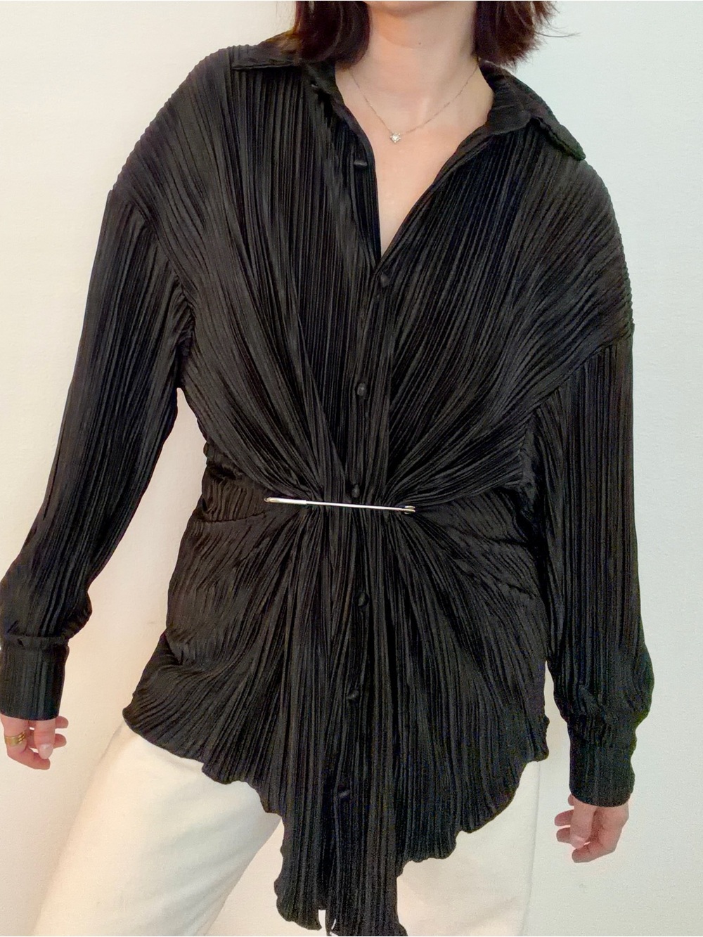 Black Pleated Button-Up Tie-Waist Blouse